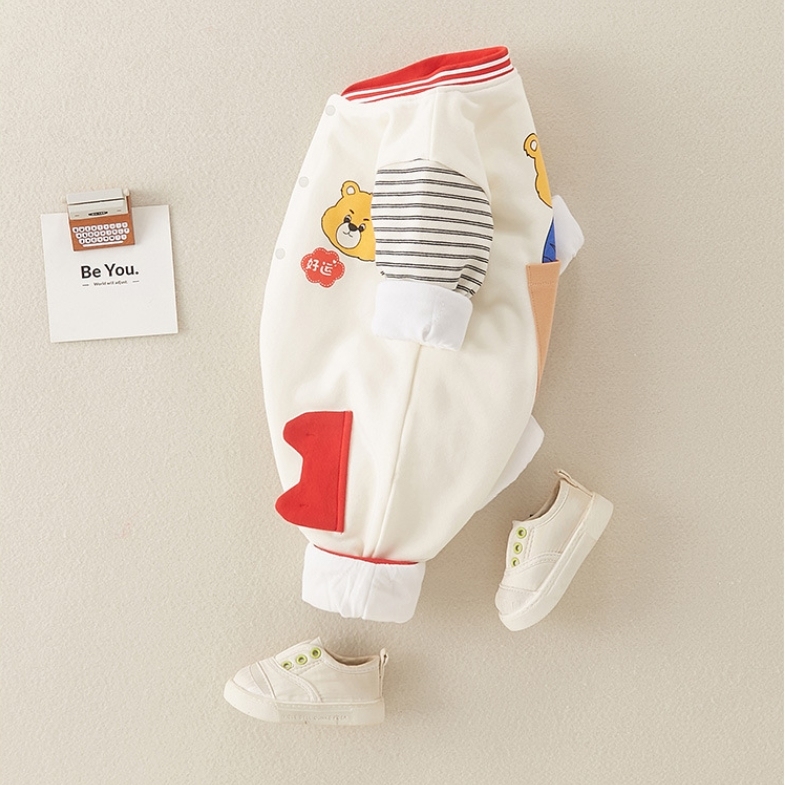 Baby Boy/Girl Bear Print Striped Splicing Long Sleeve Romper-kissminis