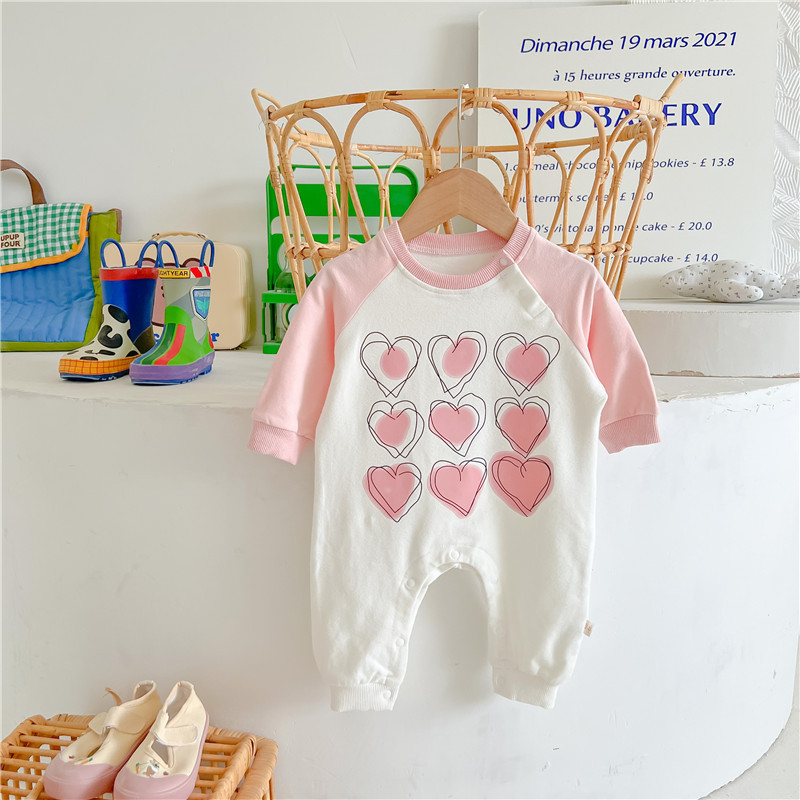 Baby Girl Heart Print Graphic Fluff Block Color Long Sleeve Romper -kissminis