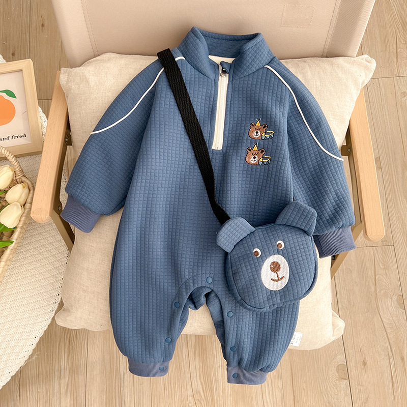 Baby Boy Cute Bear Pattern Stand Collar Long Sleeve Romper and Bag Set-kissminis