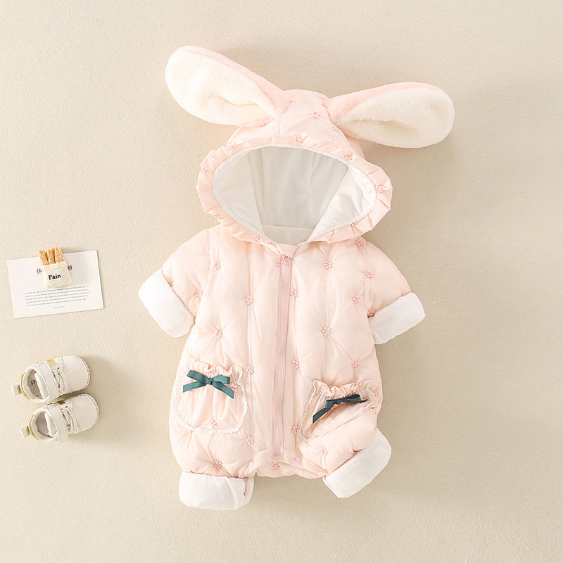 Baby Girl Winter Cute Rabbit Ears Design Long Sleeve Hooded Romper-kissminis