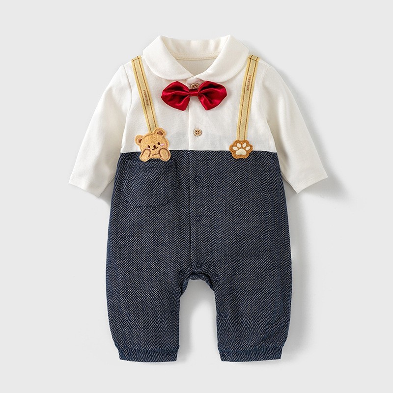 Baby Boy Cute Bear Print Bow Tie Long Sleeve Romper-kissminis