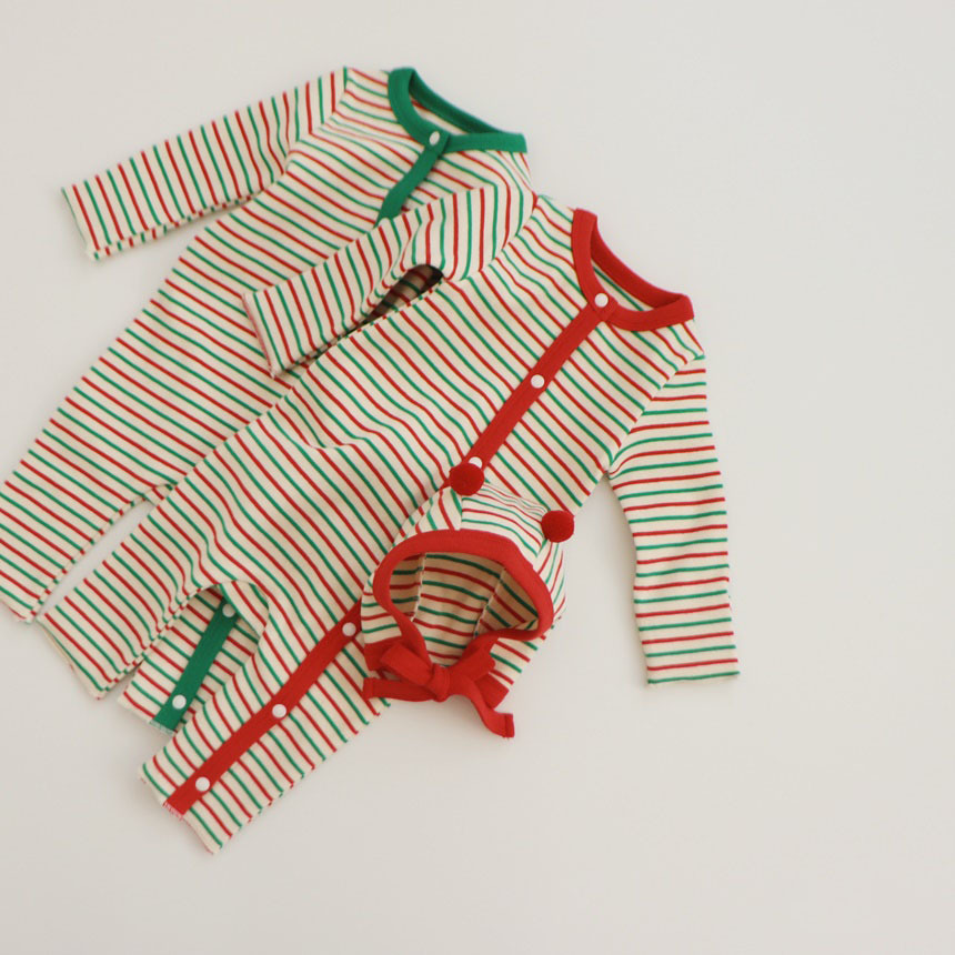 2pcs Baby Boy/Girl Christmas Stripe Long Sleeve Romper and Hat Set-kissminis