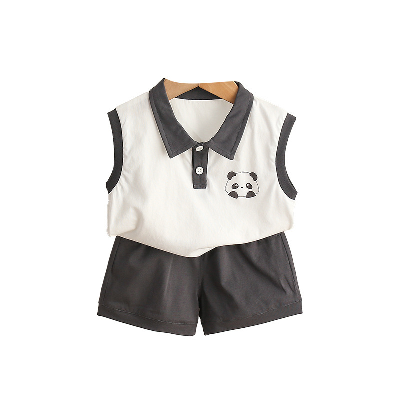 Sleeveless Polo Top with Panda Embroidered Detail Shorts Set