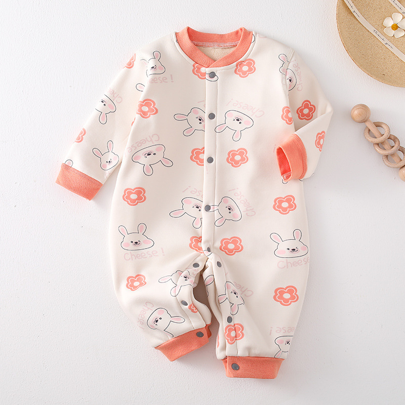 Baby Boy & Girl Cute Cartoon Rabbit Thicken Single Warmth Long Sleeve Romper-kissminis