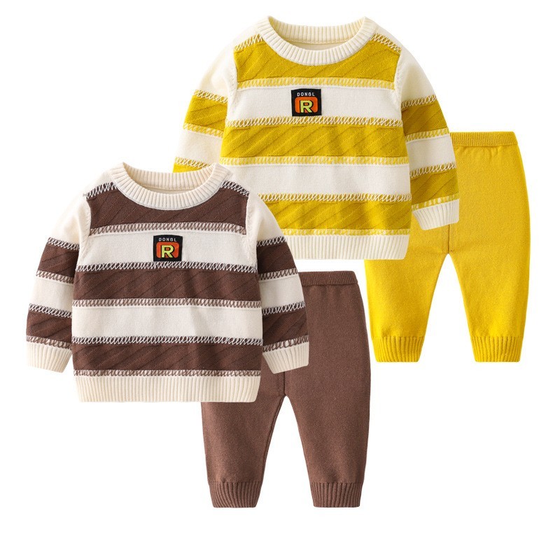 Baby Boy/Girl Ribbed Knit Stripe Pullover Sweatshirt with Pants Set-kissminis