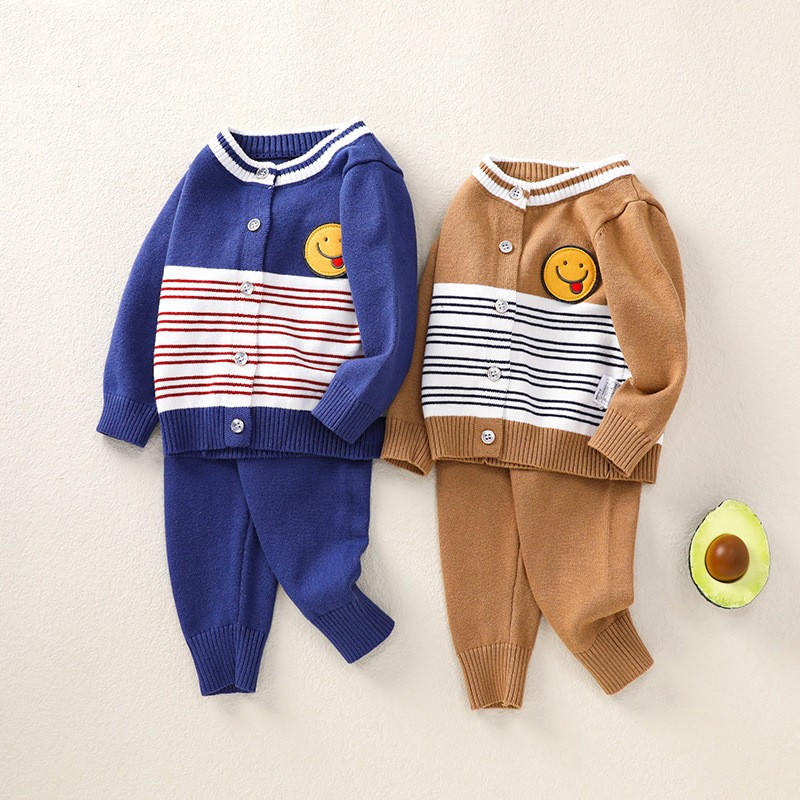 Baby Boy/Girl Ribbed Knit Smiling Face Stripe Pattern Sweatshirt with Pants Set-kissminis