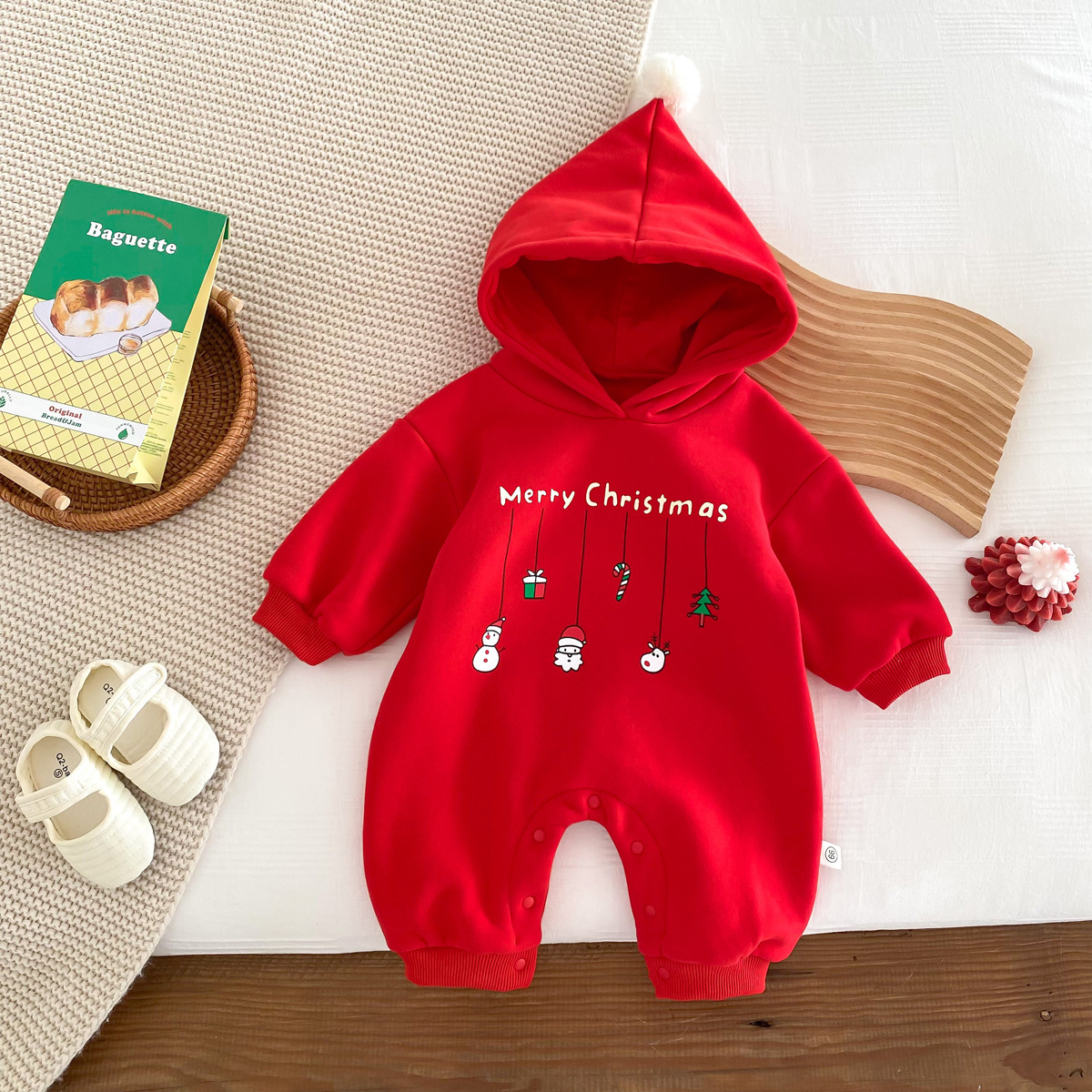 Baby Boy/Girl Christmas Cartoon Print Hooded Long Sleeve Romper-kissminis