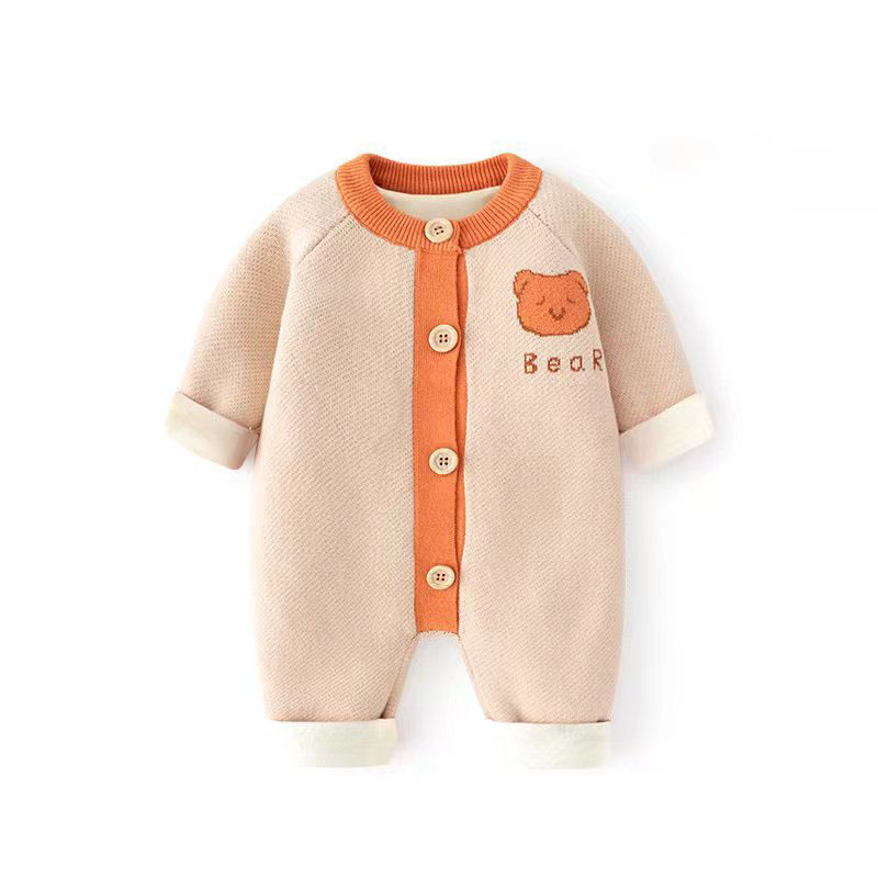 Baby Boy/Girl Cute Bear Pattern Solid Color Knitted Long Sleeve Romper-kissminis