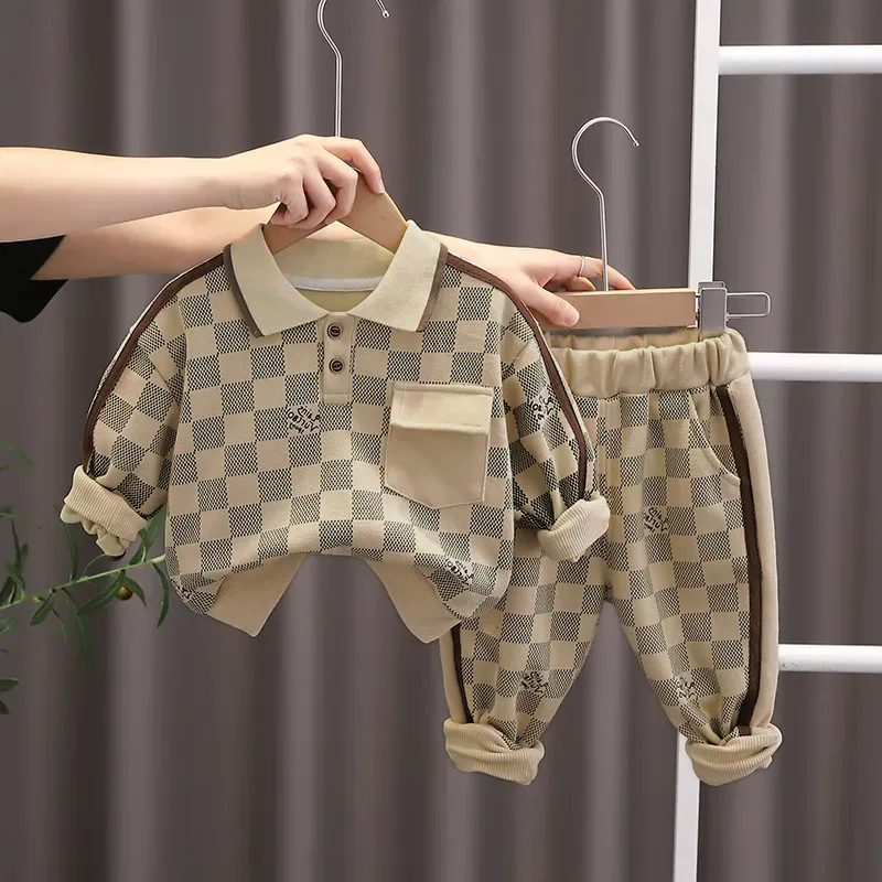 Baby Boy Solid Color Plaid Long-Sleeved Sweatshirt Two-Piece Set