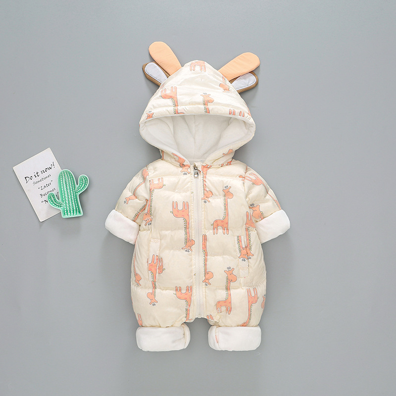 Baby Boy/Girl Winter Thicken Allover Giraffe Pattern and Ear Design Hooded Romper-kissminis