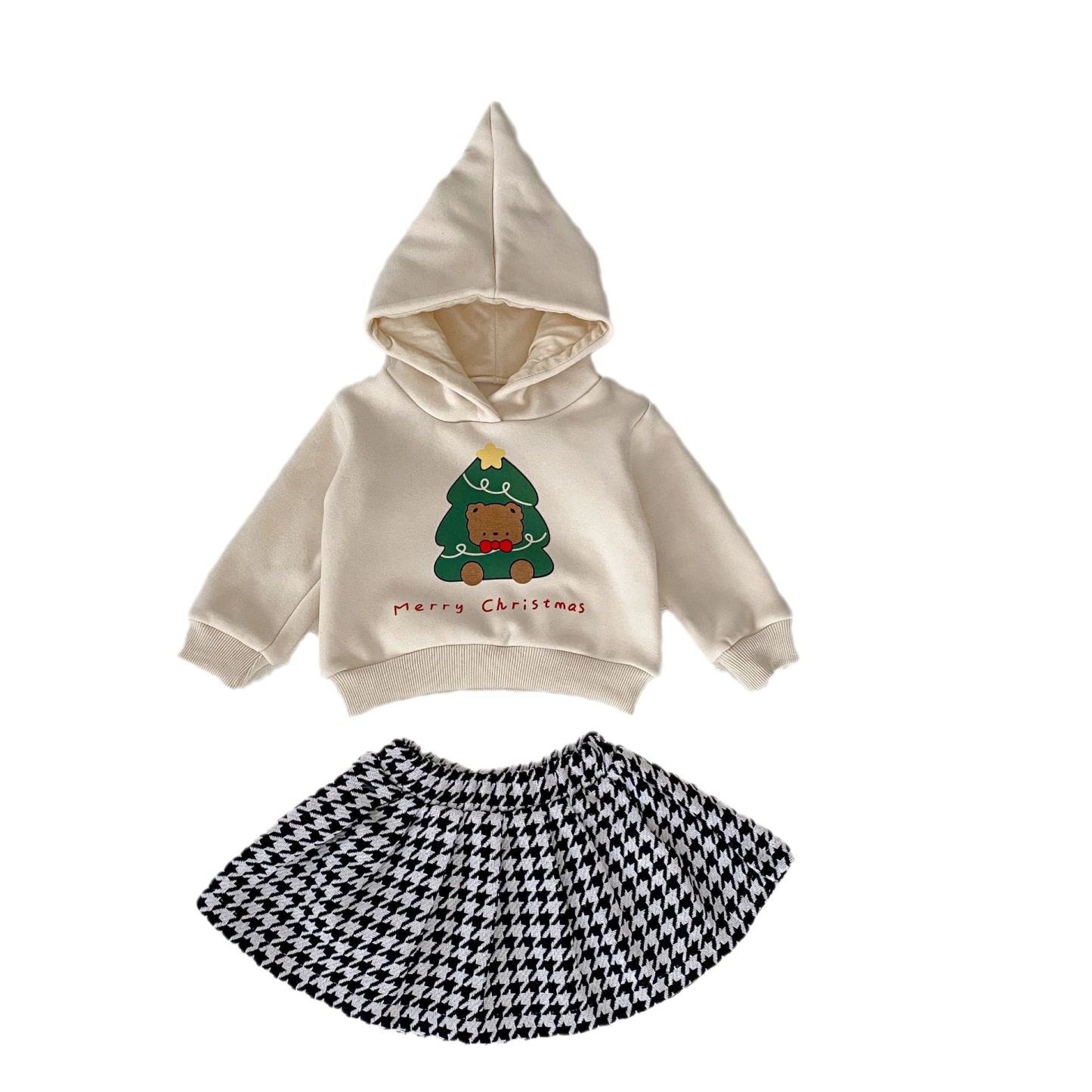 Bayby Toddler Girl Christmas Tree with Bear Print Long Sleeve Hooded Sweatshirt and Plaid Skirt-kissminis