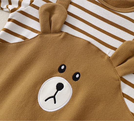 Baby Boy/Girl False Two Piece Bear Embroidery stripe Light Brown Long Sleeve Romper-kissminis