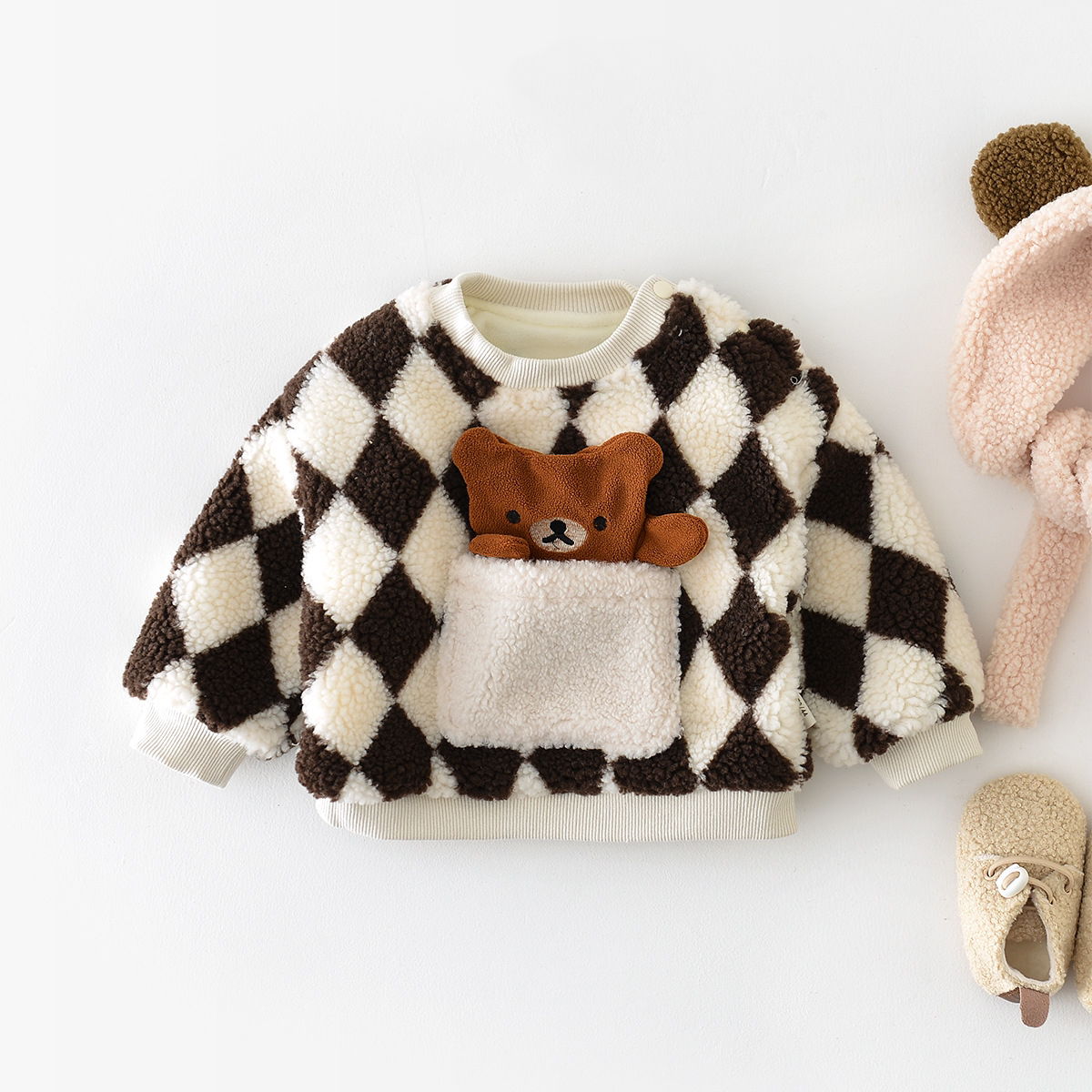 Winter Baby Boy/Girl Cartoon Bear Plaid Fluff Long Sleeve Sweatshirt-kissminis