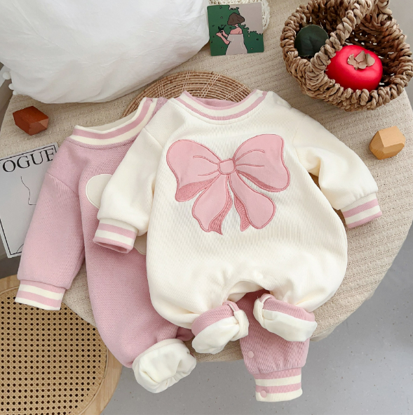 Baby Girl Super Cute Thickened Plush Butterfly Knot Pattern with Long Sleeve Romper-kissminis