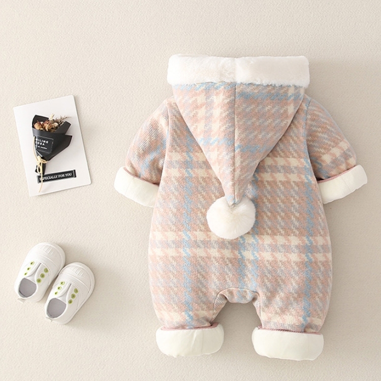 Baby Girl Winter Thicken Plaid Graphics Long Sleeve Fluff Hooded Romper-kissminis