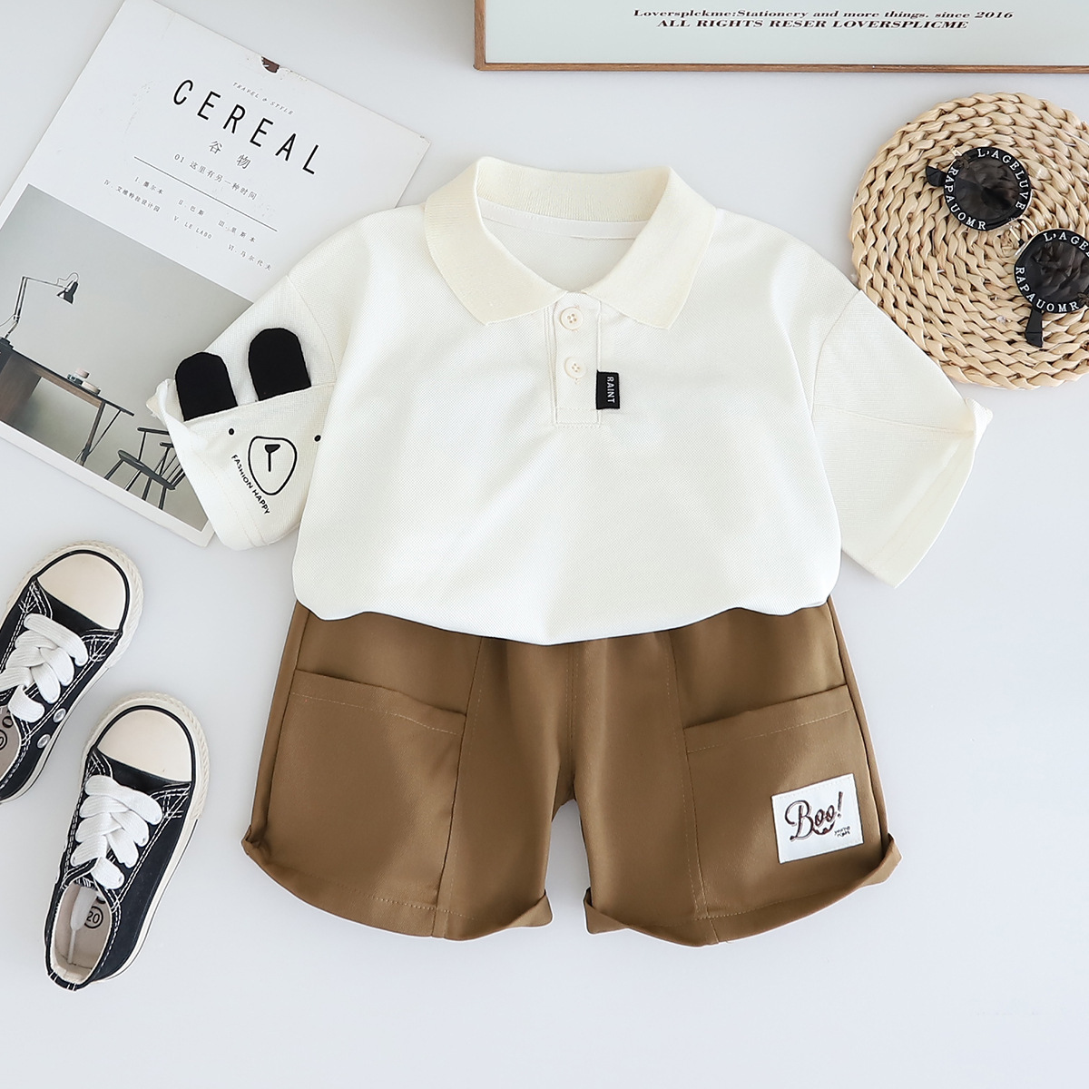 Polo Short-sleeve Shirt with Bear Motif Pocket and Beige Shorts Set