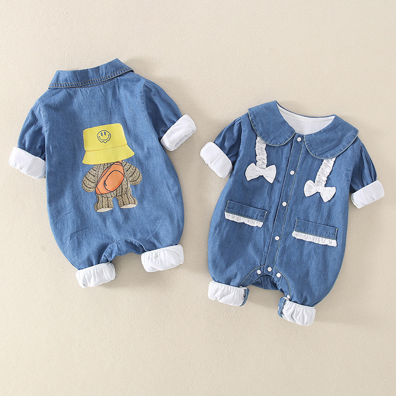 Baby Cartoon Graphic Denim Polo Collar Romper-kissminis