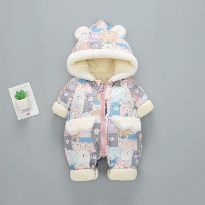 Baby Boy/Girl Winter Bear Allover Thicken Hooded Fuzzy Long Sleeve Romper-kissminis