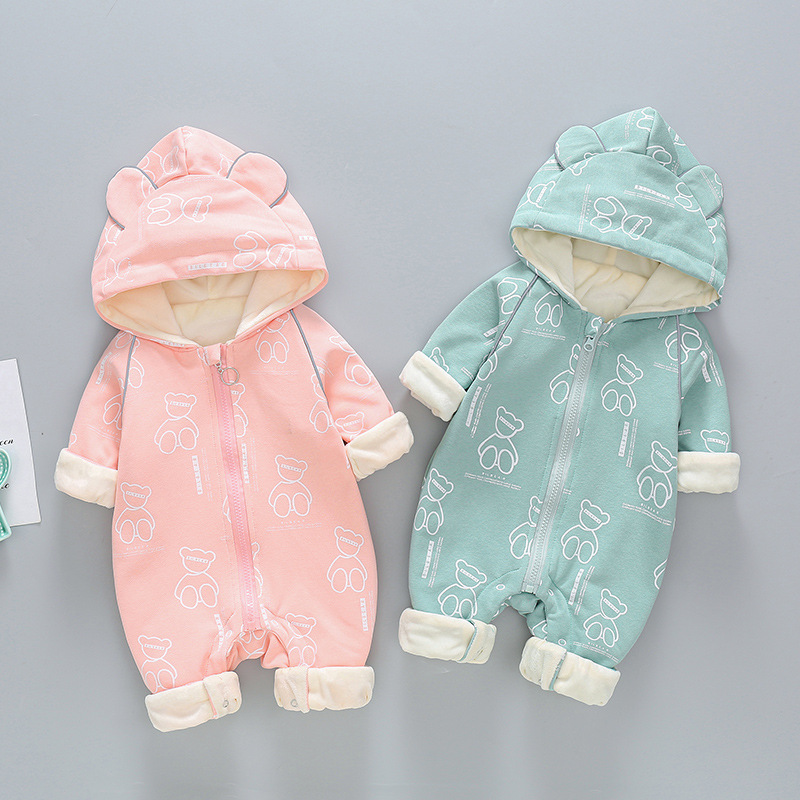 Baby Boy/Girl Allover Bear Pattern Cotton Hooded Romper-kissminis