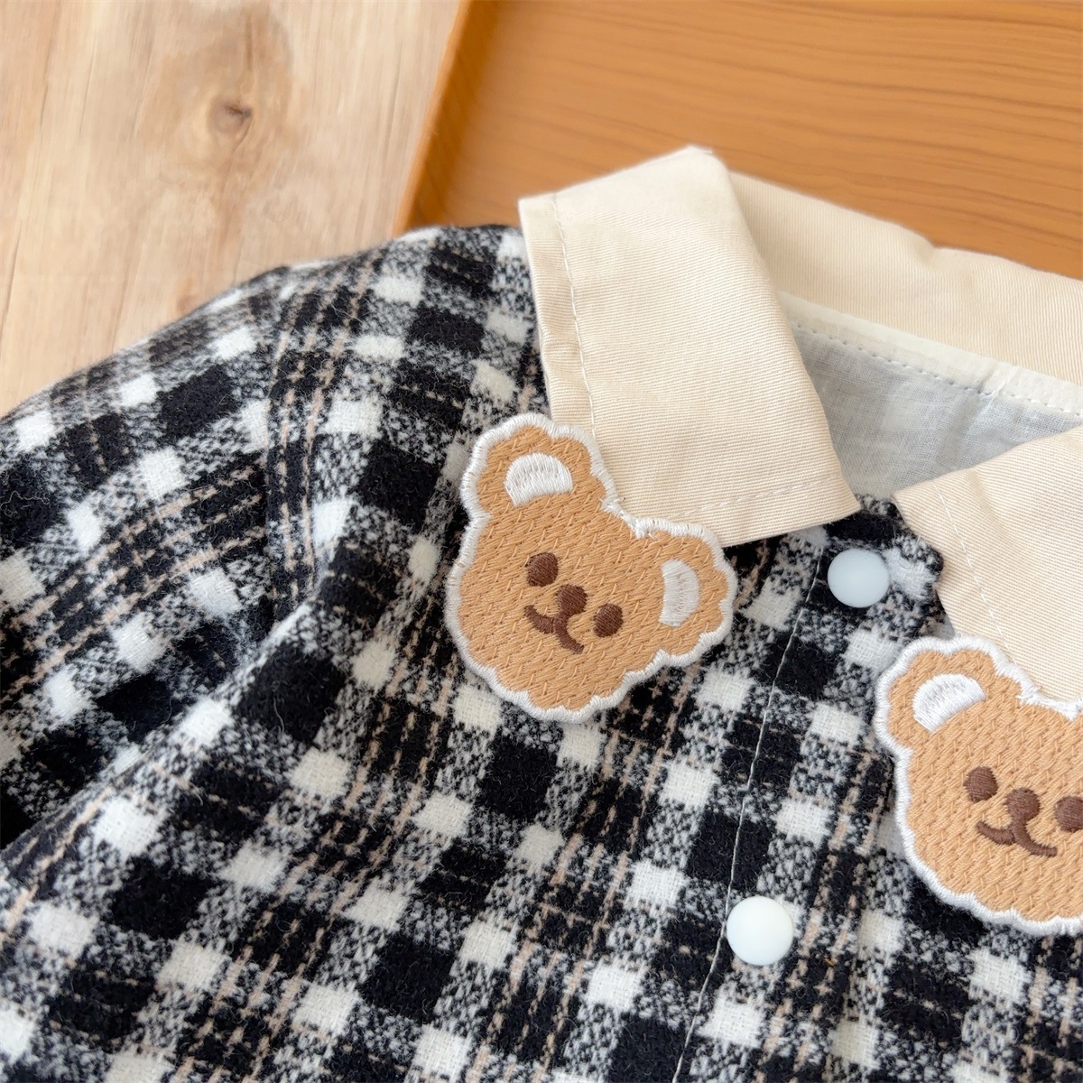 Bear-shaped Collar Decorations Gingham Romper