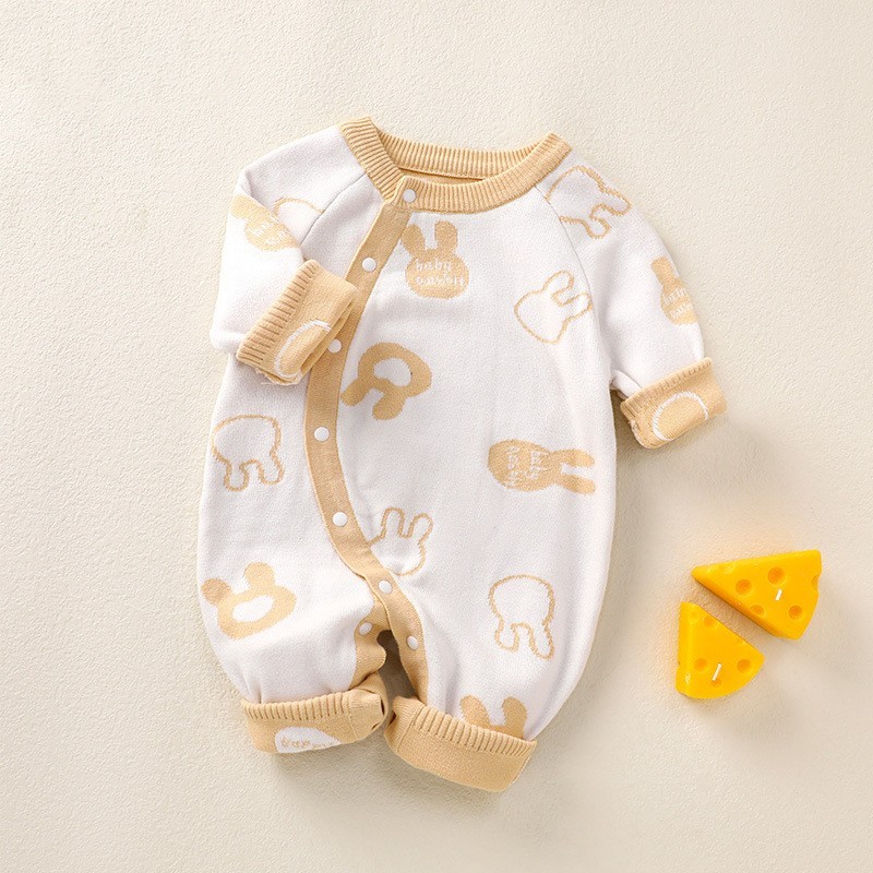 BabyGirl Allover Cute Rabbit Long Sleeve Ribbed Knit Romper-kissminis