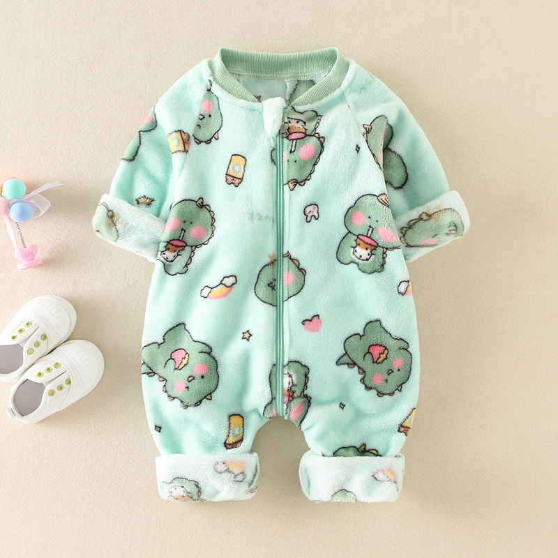 Baby Boy & Girl Dinosaur Graphic Flannel Zippered Long Sleeve Romper-kissminis