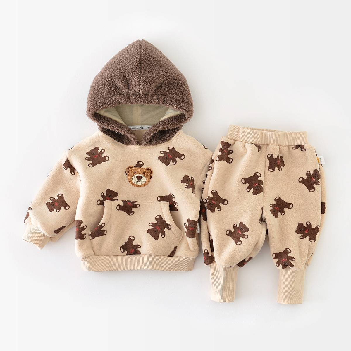 2pcs Baby Boy/Girl Winter Bear and Dots Graphic Long Sleeve Hooded Sweatshirt with Pants Set-kissminis