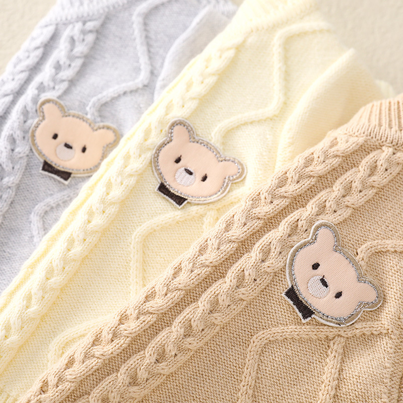 Baby Girl Ribbed Knit Bear Design Cardigan Sweatshirt with Pants Set-kissminis