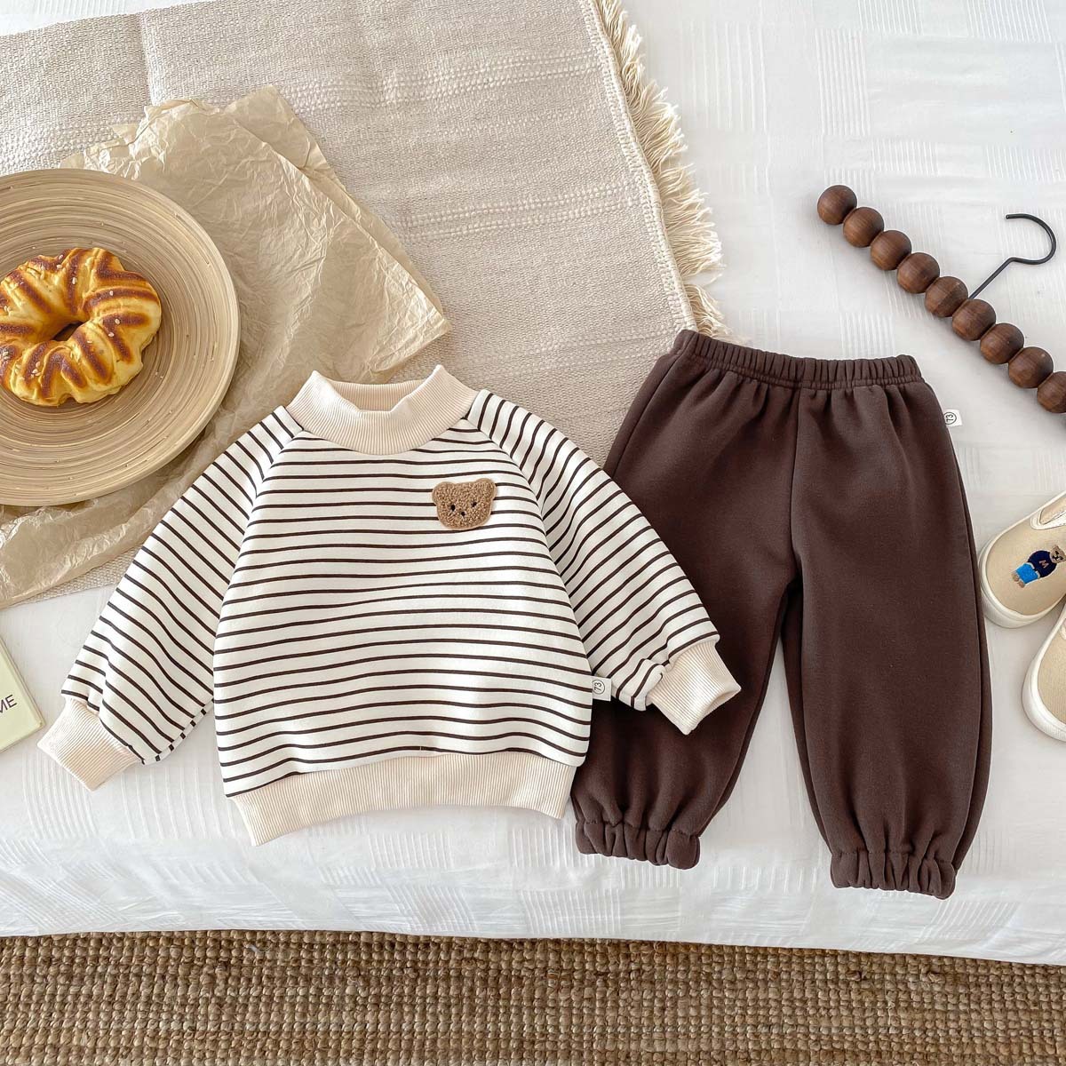 Toddler Boy/Girl Cute Bear Print Striped Long Sleeve Sweatshirt and Solid Color Pants-kissminis