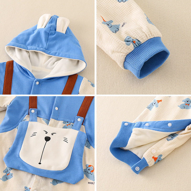 Newborn Baby Fake Two Pieces Dog Pattern Hooded Long Sleeve Romper-kissminis