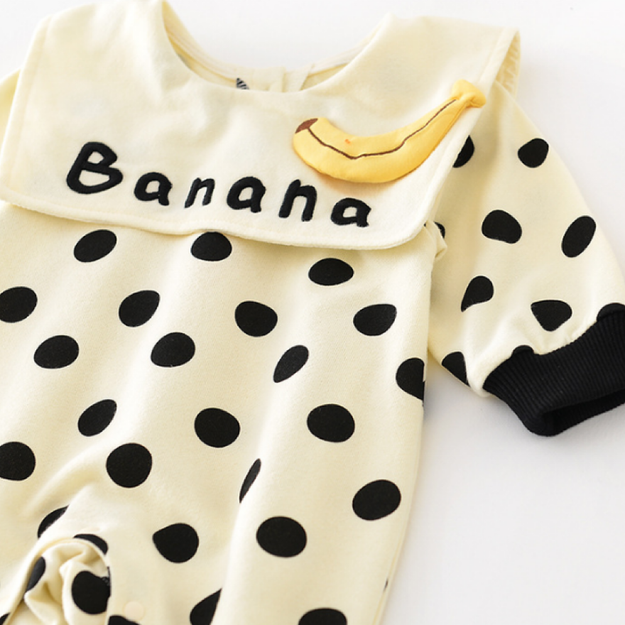 Baby Girl Polka Dot Banana Square Collar Long Sleeve Romper-kissminis