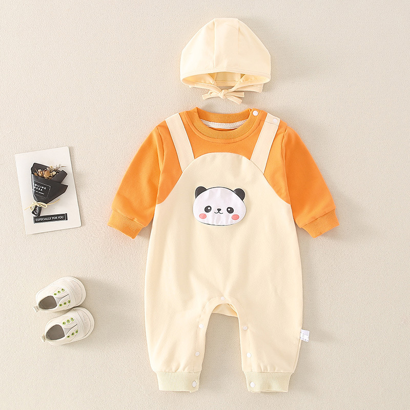 2pcs Baby Girl/Boy Fake Two Pieces Cartoon Panda Print Long Sleeve Romper with Hat Set-kissminis
