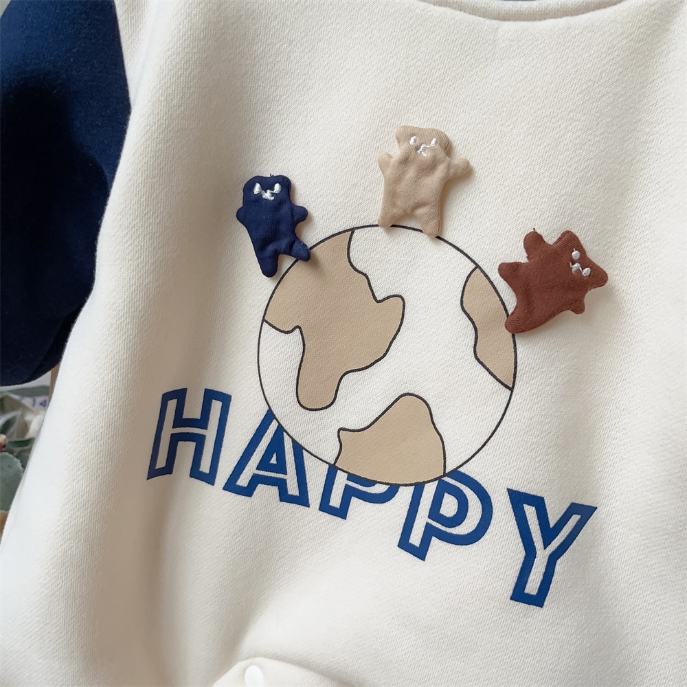 Baby Boy/Girl Three Bears On Earth Pattern Thicken Long Sleeve Romper and Hat Set-kissminis