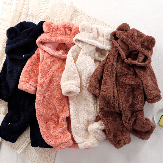 Baby Boy/Girl Solid Color Fluff Long Sleeve Romper and Cute Bear Ears Design Hat Set-kissminis