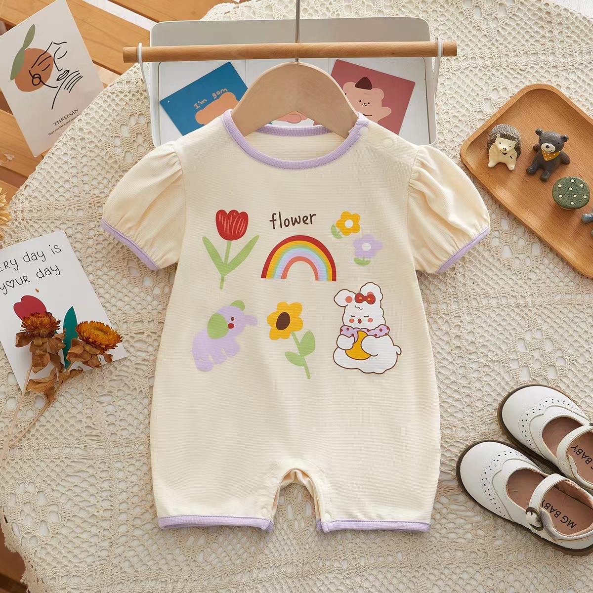 Baby Girl Rabbit Print Puff-sleeve Romper-kissminis