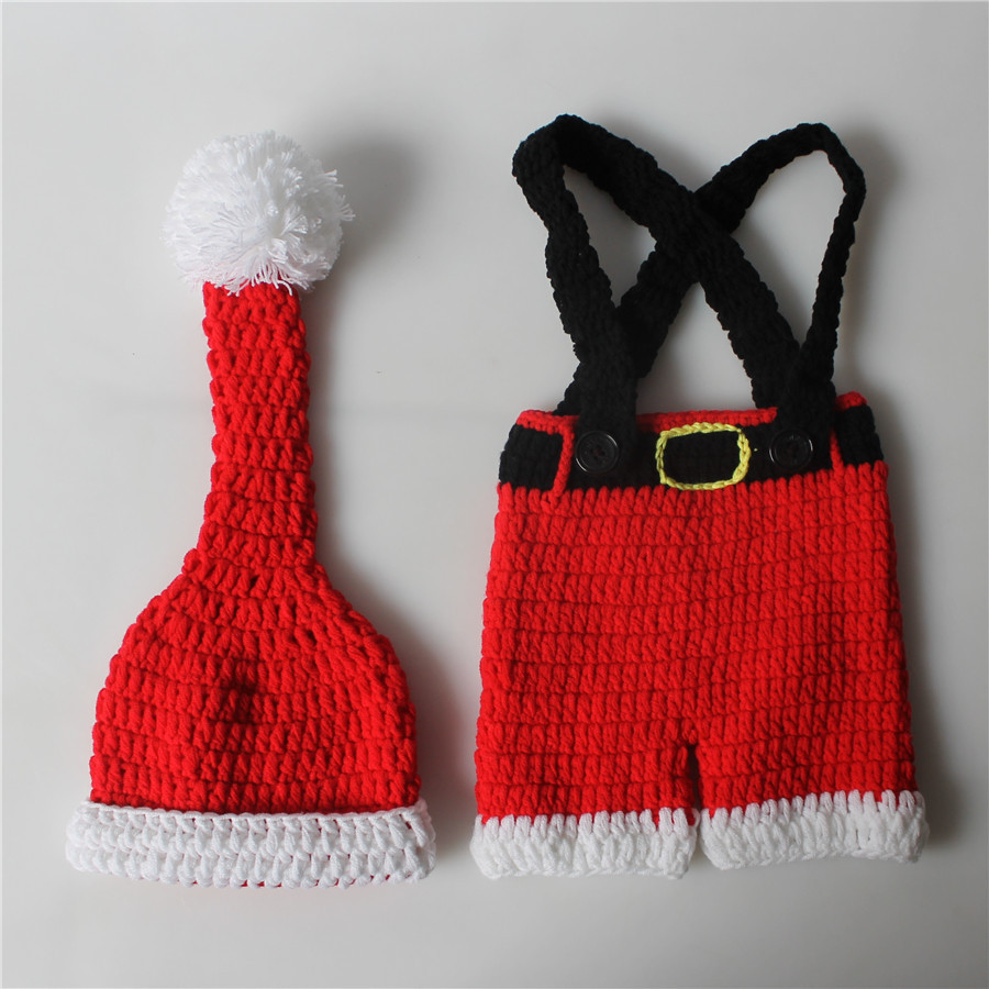 Newborn Baby Christmas Theme Photo Shoot Knitted Bib Pants and Hat Set-kissminis