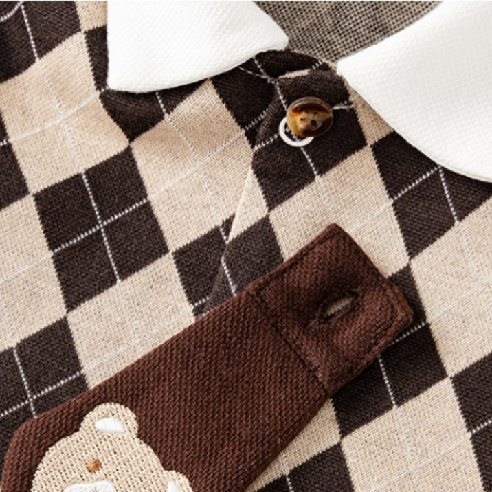 Baby Boy Removable Tie Bear Plaid Long Sleeve Romper-kissminis