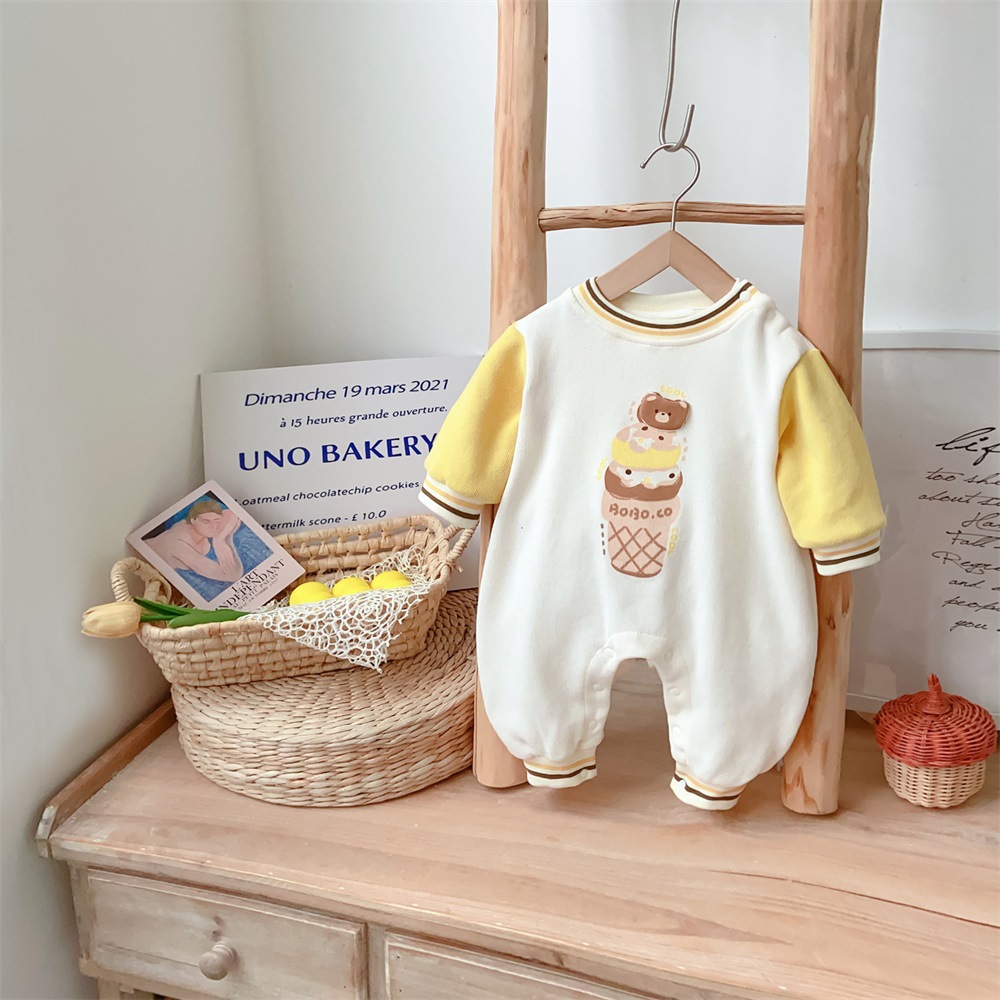 Baby Boy/Girl Bear Patch and Ice Cream Print Long Sleeve Romper-kissminis