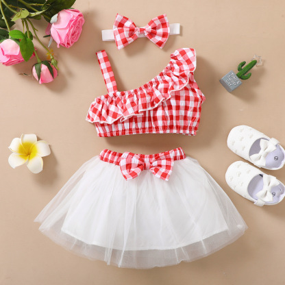  Baby Ruffle sleveless Top & Bow Mesh Flare Skirt Set
