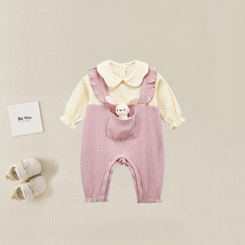 Baby Girl Cute 3D Pocket Rabbit Design Pattern Fake Two Pieces Long Sleeve Romper-kissminis