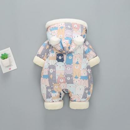 Baby Boy/Girl Winter Bear Allover Thicken Hooded Fuzzy Long Sleeve Romper-kissminis
