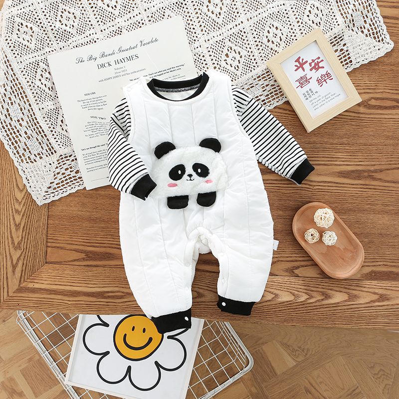 2pcs Baby Boy/Girl Winter Fleece Stripe Line Panda Graphic Overall Romper with Sweatshirt Set-kissminis