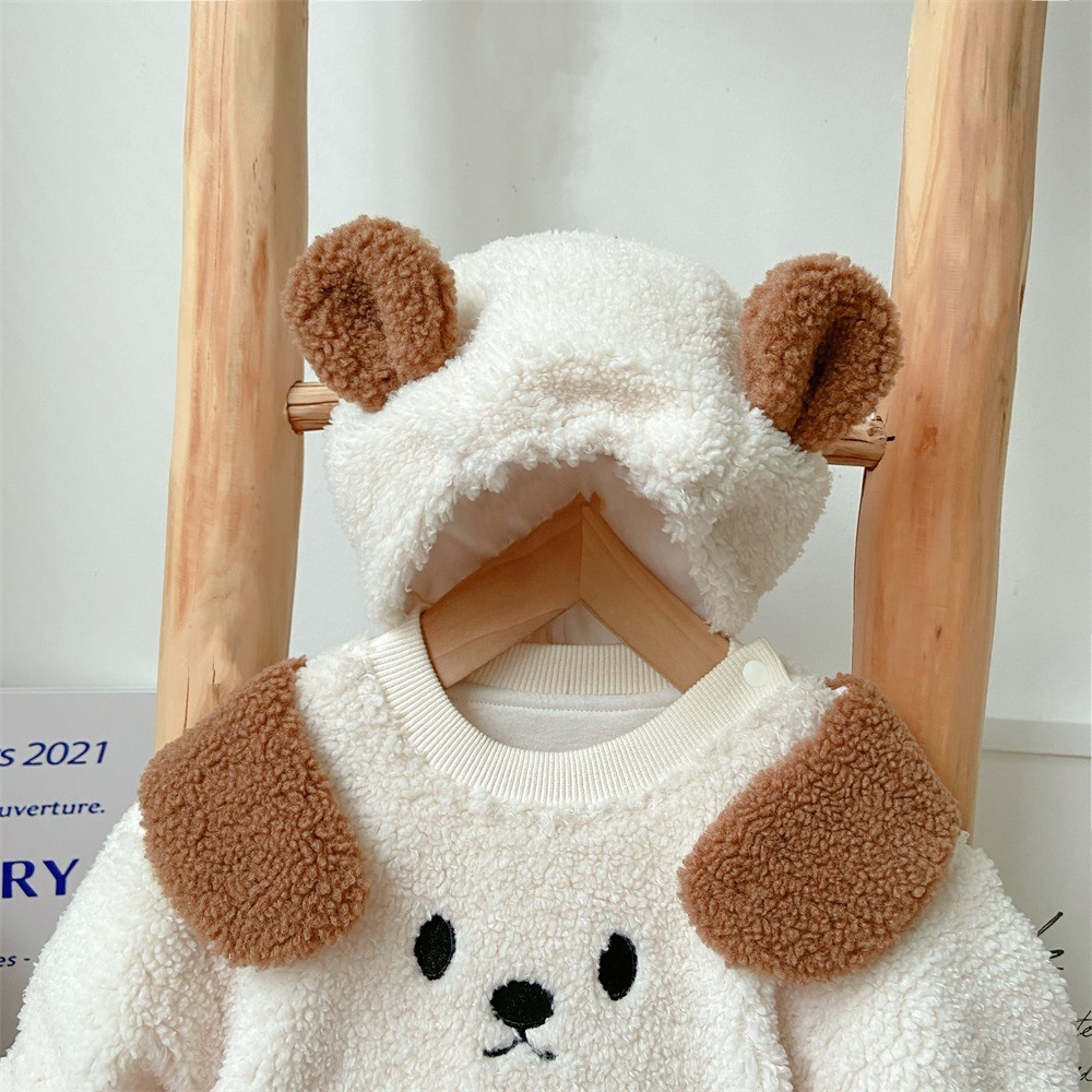 Baby Boy/Girl Winter Thicken Fluff Cute Bear Design Long Sleeve Bodysuit and Hat and Pants Set-kissminis