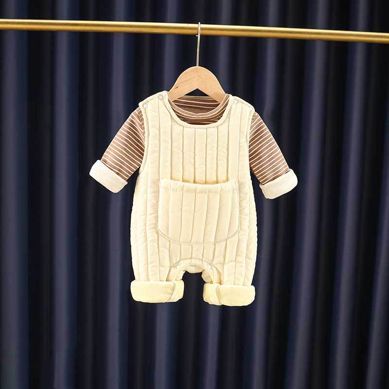 2pcs Baby Boy/Girl Winter Fleece Stripe Line Solid Color Overall Romper with Sweatshirt Set-kissminis