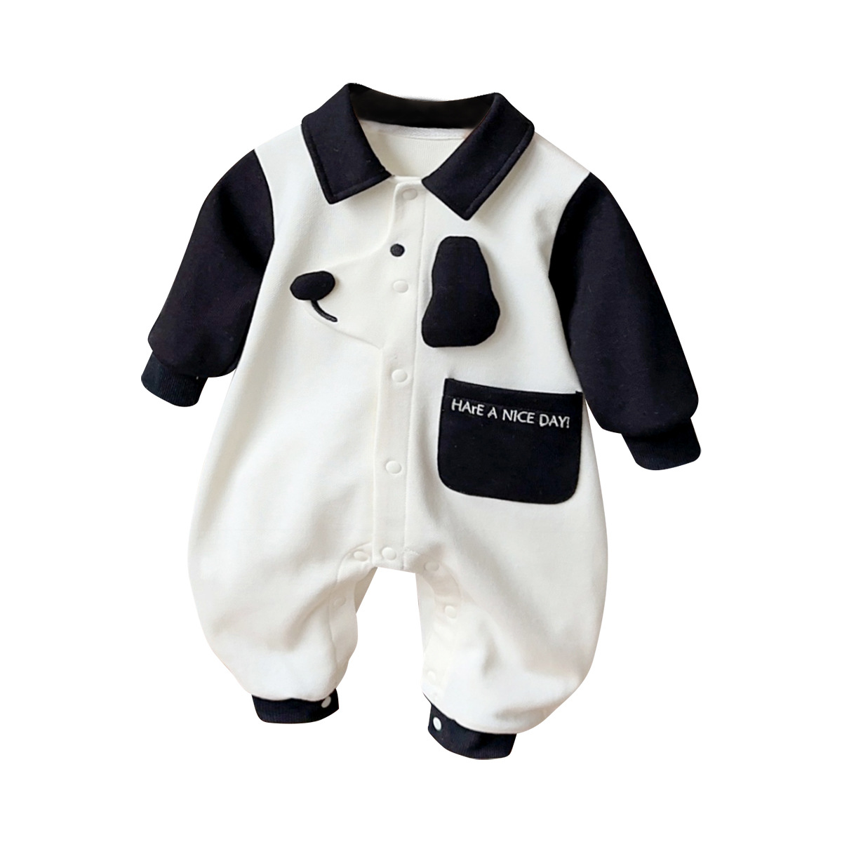 Dog-themed Design Pocket Black and White Romper
