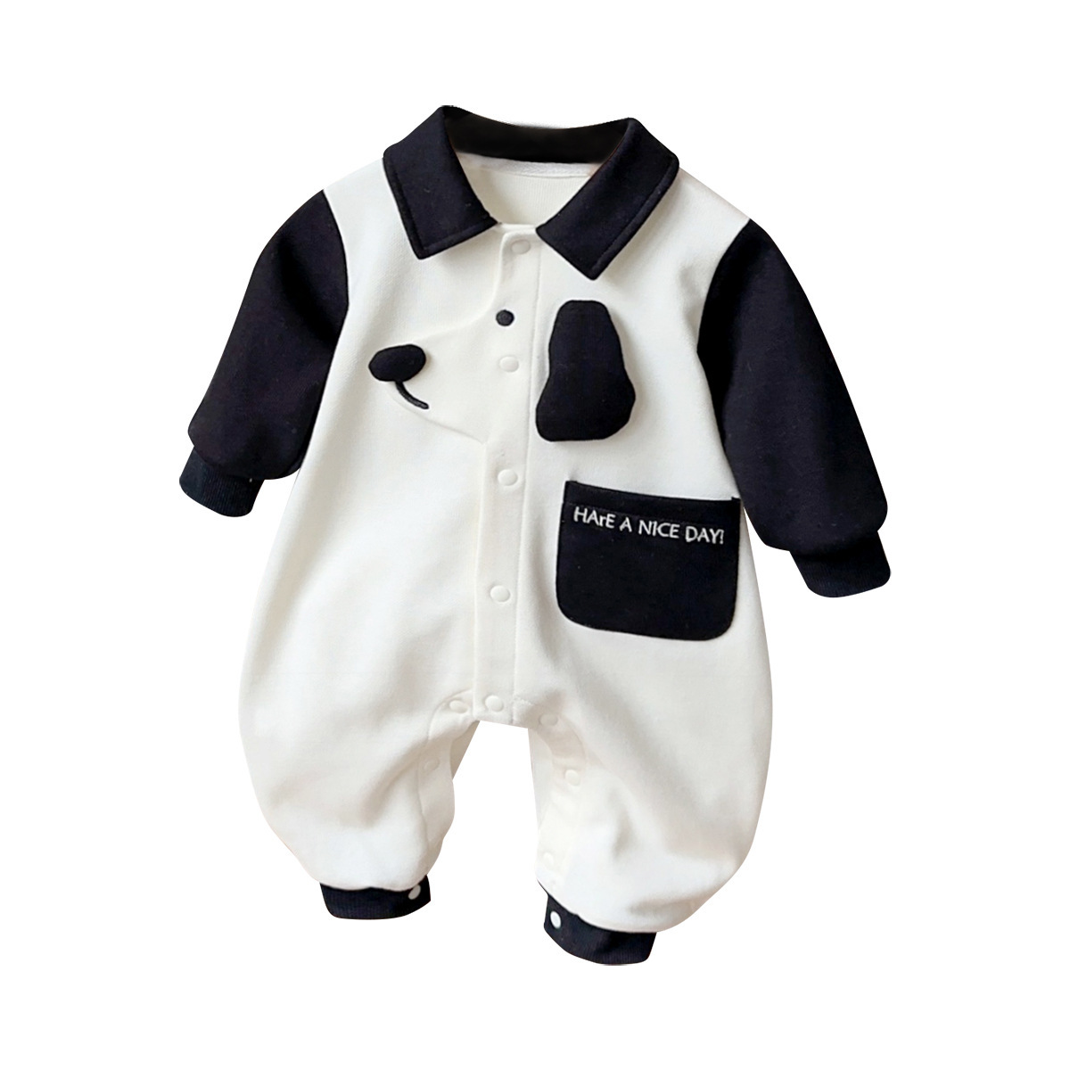 Dog-themed Design Pocket Black and White Romper