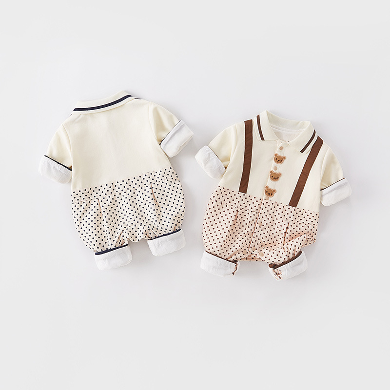 Mock Two-pieces Baby Boy Bear and Dot Graphic Long Sleeve Romper-kissminis