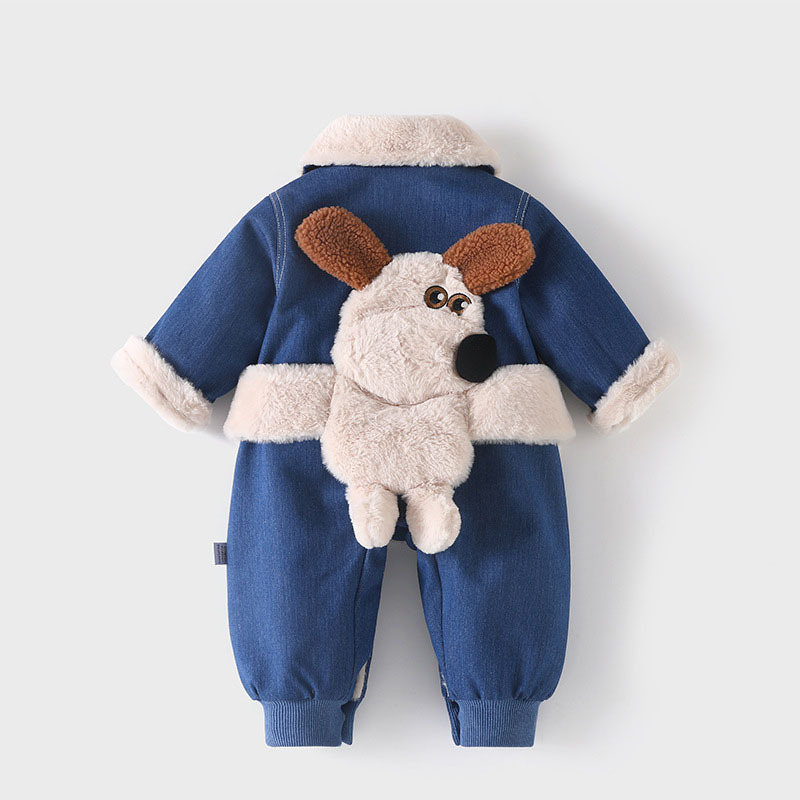 Baby Boy/Girl Winter Thicken Denim Cute Dog Toy Design Solid Color Fluff Long Sleeve Romper-kissminis