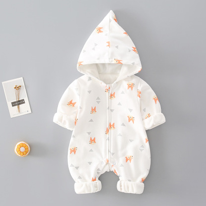Baby Allover Fox Print Hooded Long Sleeve Romper-kissminis