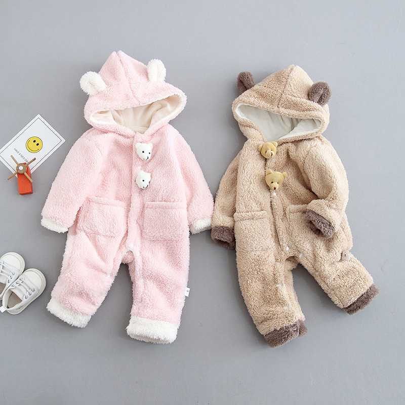 2pcs Baby Boy/Girl Winter Thicken Fluff Solid Color Cute Bear Design Romper -kissminis